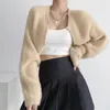 Damesbreien Clothland Women Elegant Open Stitch Cardigan Lange mouw V Hals Sweater Korte stijl Crop top Sexy Mohair Jacket Coat HA323