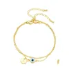 Anklets Fashion Jewelry Gold Plated Evil Eye Anklet For Women Double Layer Chain Letter A Blue Eyes Bracelet Drop Delivery Dhert