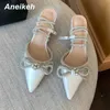 Kleid Schuhe Aneikeh Herbst Neue 2023 Frauen Schuhe Spitz Pumps Stiletto Heel Slingbacks Rom Polka Dot Schmetterling-Knoten Aprikose größe 35-39 G230130