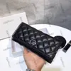 Womens Black Long Bifold Cowhide Wallet Bags With Chain Around Purse Calfskin Genuine Leather Card Holder Multi Pochetee Aged Silver Metal Clutch Pocket 19X10CM
