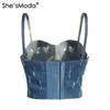 Damestanks She'sModa Jean Denim Sratched Dames BRA 2023 Bustier Diamonds Night Club Party bijgesneden topvest plus maat