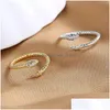 Bandringar Fashion Jewelry Copper Gold Plated Snake Ring f￶r kvinnor Zirkonormar ￖppning Drop Delivery Dhxke