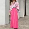 Werk jurken Flower Print Casual tweedelig set Women Outifites Loose Fashion Long Shirt High Taille Wide Leg broek Oversize Tracksuit 2023