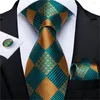 Bow Ties Fashion Men Tie Teal Green Gold Plaid Silk Wedding For Hanky ​​Cufflink Set Dibangu Novely Design Business MJ-7319