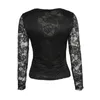 Blouses Femmes Chemises 2023 Printemps Été Femmes V Cou À Manches Longues Crochet Dentelle Scallop Trim Skinny Dames Top Noir Voir À Travers Slim Fit