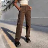 Women's Pants Brown Vintage Straight Leg Cargo Women Y2K Hip Hop Cotton Harajuku Grunge Baggy Joggers Street Retro Capris 90S