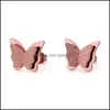 Stud Cute Rose Gold Frosted Butterfly Girls Exquisite Stainless Steel Animal Earring For Women Child Jewelry Gift 1 Pair Drop Delive Otcvk