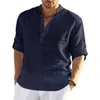 T-shirt da uomo in cotone e lino camicetta da uomo casual colletto alla coreana manica lunga camicia allentata top moda maschile tinta unita con scollo a V t-shirt 230203