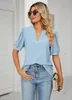 Summer Women Shirts Tops Loose Casual Puff Short Sleeve V Neck T-Shirt Hollow Out Blouses