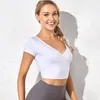 Actieve shirts fitness kleding vrouwen korte mouw diep v nylon top yoga woman running workout sport t-shirts tops wa67