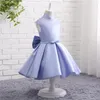 JaneVini – robe trapèze en Satin pour filles, tenue élégante à fleurs courtes, pour mariage, col haut perlé, grand nœud au dos, robe de Communion pour fête