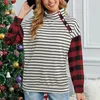 Women's T Shirts Plaid Stripe Color Block Splicing Women High Collar Long Sleeve Buttons Casual Round Neck Tunic Tops Manga Larga Ts