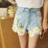 Women's Shorts Floral Embroidery Denim Women Summer Wide Leg Jeans Short Pants Blue Bottom Sunflower Flower Beach