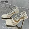 Klänningskor Eilyeken 2023 NYA SEXY MESH PUMPAR SANDALER KVINNA TOE HÖG HEAL SOT UPP CROSS-bundet Stiletto Hollow Dress Shoes G230130