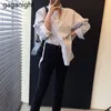 Women's Blouses Shirts Gaganight Women Blouses and Tops Long Sleeve Casual Striped White Turn-down Collar OL Shirt Back Buttons Loose Blusas Feminine 230203