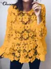 Women's Blouses Shirts Celmia Sexy Hollow Out Lace Blouses Fashion See-through Long Sleeve Casual Tunics Tops O-neck Flower Summer Solid Shirts 230204