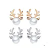 Stud Luxury Pearl Antlers Earrings Christmas Reindeer Elk Animal Rhinestone Crystal Sier For Women Girls Fashion Jewelry Drop Deliver Otlwt