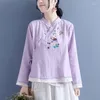 Ethnic Clothing Cotton And Linen Chinese Style Women Loose Casual Vintage Buckle Stand Collar Blouses Female Spring Cheongsam Top 31809