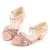 Sandalen Mädchen Sandalen Kinder Kristall Schuhe Sommer Kinder Glitzer Schuhe High Heels Pailletten Anhänger Offene Zehen Prinzessin 230203