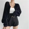 Damesbreien Clothland Women Elegant Open Stitch Cardigan Lange mouw V Hals Sweater Korte stijl Crop top Sexy Mohair Jacket Coat HA323