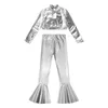 Clothing Sets Kid Girl Glossy Metallic Long Sleeves Mock Neck Crop Top With High Waist Bell-bottoms Pants Practice For Dance Stage