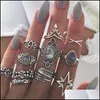 Anelli a grappolo Bohemian Antique Sier Set geometrico per le donne Retro Starry Star Lotus Charm Midi Knuckle Finger Ring Ladies Boho Jewel Otzk1