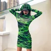 Casual jurken dfllifes sexy club dames een afdruk met lange mouwen met hoge kraag slanke top korte jurk handschoenen print mini vestidos