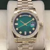 Original Box Certificate 18K Gold President Male Watches Day Date Diamonds Green Dial Watch Män rostfri Diamond Bezel Automatisk armbandsur 20236