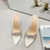 Slippels Rhinestone Chain Women Sandalen gericht open teen zomer buitenglaasjes muildieren schoenen dunne hoge hakken goud/zilver/beige