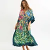 Women's Swimwear Dark Green Printed Floral Beach Dress Long Boho Plus Size Bikini Cover Up Robe Summer Women Swimsuit Cover-ups Beachwear Ka