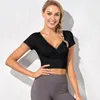 Actieve shirts fitness kleding vrouwen korte mouw diep v nylon top yoga woman running workout sport t-shirts tops wa67