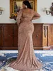 2023 Rose Gold elevense dresses seves mermaid long sleeves قبالة جانب الكتف فتحة مخصصة مناسبة رسمية ارتداء ثوب حفلة موسيقية عربية