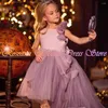 Flickaklänningar utsökta blommaflickor 2023 3D lila a-line puffy barn bröllopsfest klänning svep tåg långa prinsessor klänningar