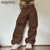 Женские брюки Capris Pocket Backgy Широкие грузовые брюки Женщины с низкой талией шнурки спортивные штаны бегают повседневные брюки хиппи -панк -брюки.