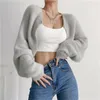 Damesbreien Clothland Women Elegant Open Stitch Cardigan Lange mouw V Hals Sweater Korte stijl Crop top Sexy Mohair Jacket Coat HA323