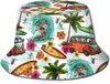 Capés de bola Hawaiian Palm Trees Flowers Surf Boards Prind Bucket Sun Hat for Men Mulheres Proteção UV Chapéus de aba larga Capinho de verão Pacável Capinho de verão