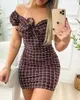 Spring And Summer Plaid Printed Dresses Off Shoulder Sexy Sheath Skirt Dress