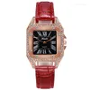 Wristwatches Fashion Casual Square Rose Gold Diamond Women Watch Black Dial Simple Leather Belt Ladies Quartz
