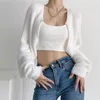 Damesbreien Clothland Women Elegant Open Stitch Cardigan Lange mouw V Hals Sweater Korte stijl Crop top Sexy Mohair Jacket Coat HA323