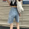 Kvinnors shorts kvinnor denim blå sommar asymmetrisk knä längd orolig hög midja raka avslappnade tonåringar streetwear koreansk stilig bf