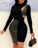 Casual Dresses Women Bandage PU Leather Patchwork Mini Dress 2023 Femme Sexy Asymmetric Cut Out Party Robe Lady Evening Clothing