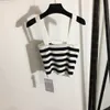 Women Stripe Knits Tee Sexy Sling Vest Summer Breathable Knitted Top Fashion Embroidered Vests