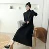 Casual Dresses Autumn Winter Mid-Length A-Line Sticked Dress Women One Piece Solid Color Robe Longue Vestido Largo