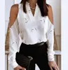 Women's Blouses Shirts V Neck Chic Elegant Hollow Out Tee Shirts Commute Lady Office Blouse Sexy Long Sleeve Pattern Printed Women Shirts Tops 230203