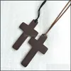 Подвесные ожерелья Простой деревянный крест для женщин деревянный распятие с черной коричневой веревочной веревкой Длинные цепочки