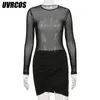 فساتين غير رسمية UVRCOS Party Dress See من خلال شبكة مثيرة امرأة ملابس طويلة الأكمام المتقاطعة المرقّمة