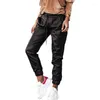 Women's Pants Women Solid Color Trousers Elastic Waist Leather With Drawstring And Pockets Khaki/ Black