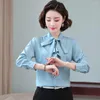 Kadın bluzları Vintage Kore Şifon Gömlek Bluz Kadınlar İçin Uzun Kollu Stand Yakası Zarif Kadın Pembe Fırfır Kırmızı Mavi Beyaz