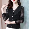 Chemises de chemisiers pour femmes Lady V-Neck Couleur unie à manches longues Blouses minces fascinantes Lace Black Spring automne