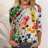 Women's Blouses & Shirts Flower Printed Blouse Mid-length Sleeves Crew-neck Casual Tee Tops Vintage For Women Fashion Elegant Chemise R5